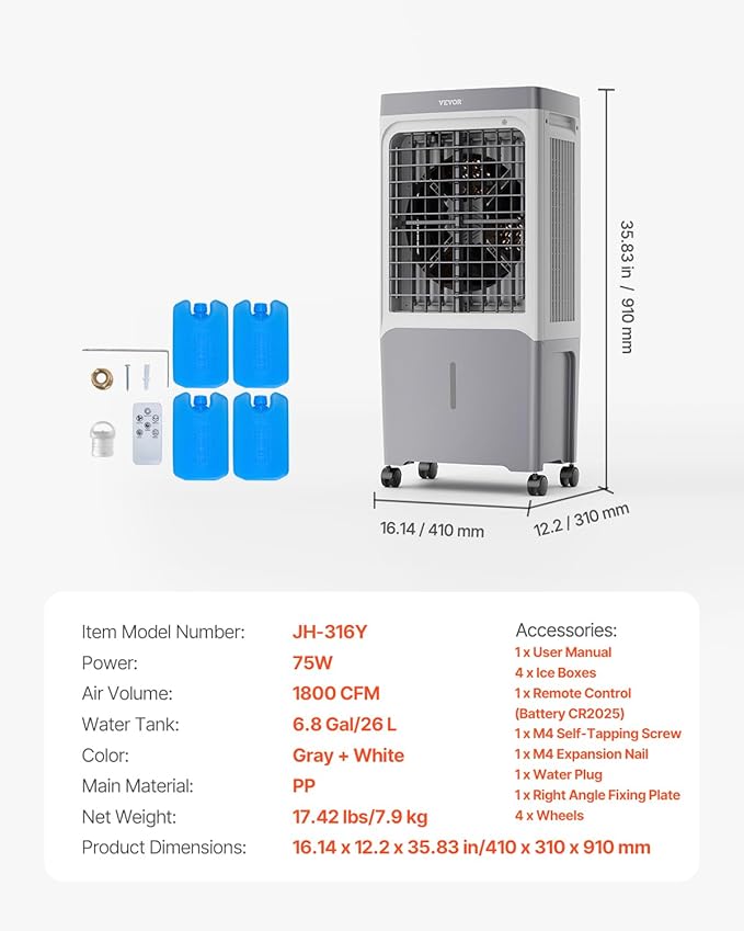 VEVOR Evaporative Air Cooler & Swamp Cooler, 1800 CFM Air Conditioner with 6.8 Gallon Water Reservoir, Remote Control, 12H Timer, 4 Ice Containers, 3 Fan Speeds, Air Humidifier, and Silent Operation