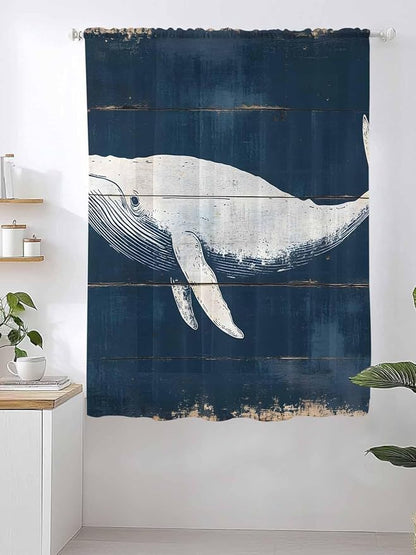 Sheer Curtains 63 Inch Length, Ocean Whale Blue Semi Sheer Curtains Light Filtering Window Treatment, Watercolor Coastal Vintage Wood Grain Privacy Voile Drapes for Living Room Bedroom 52x63 Inch
