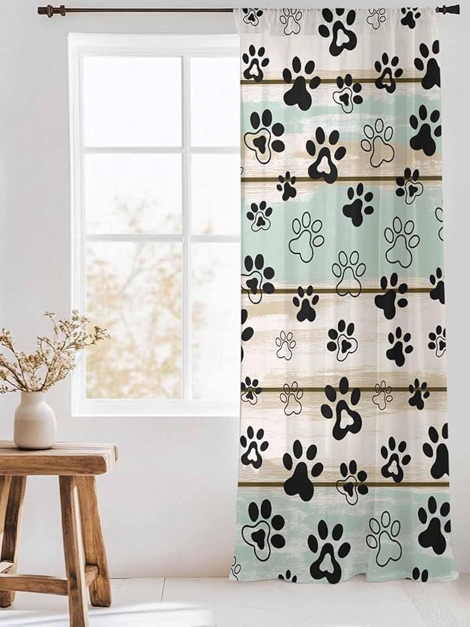 Sheer Curtains 84 Inches Long, Sage Green Beige Farmhouse Semi Sheer Curtains Light Filtering Window Treatment, Black Dog Paw Vintage Wooden Privacy Voile Drapes for Living Room Bedroom 52x84 Inch