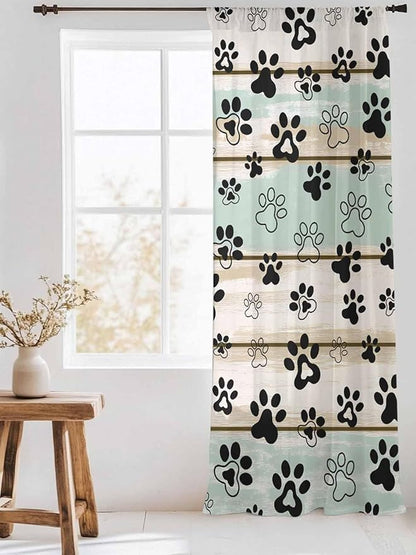 Sheer Curtains 96 Inches Long, Sage Green Beige Farmhouse Semi Sheer Curtains Light Filtering Window Treatment, Black Dog Paw Vintage Wooden Privacy Voile Drapes for Living Room Bedroom 52x96 Inch