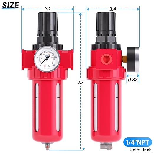 TAILONZ PNEUMATIC 0-150PSI 1/4 Inch NPT Aluminum Alloy Air Filter, Particulate Filter, Coalescing Filter, Desiccant Dryer and Air Regulator (Manual Drainage)