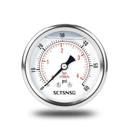 2-1/2" Dial Size, 0-60 Psi Low Pressure Gauge, Glycerin Liquid Filled, 1/4" NPT Back Mount, Stainless Steel Case, for Pool Sand Filter, Water Pump, Regulator, Air, Oil Pressure Test