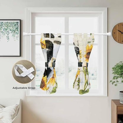 Yellow Sunflowers Kitchen Curtains 45 Inch Length, Short Cafe Window Curtains Tab Top, Country Cow Flower Butterfly Farmhouse Cream Light Filtering Window Treatments Tier Drapes 27.5"x45" 2 Panel