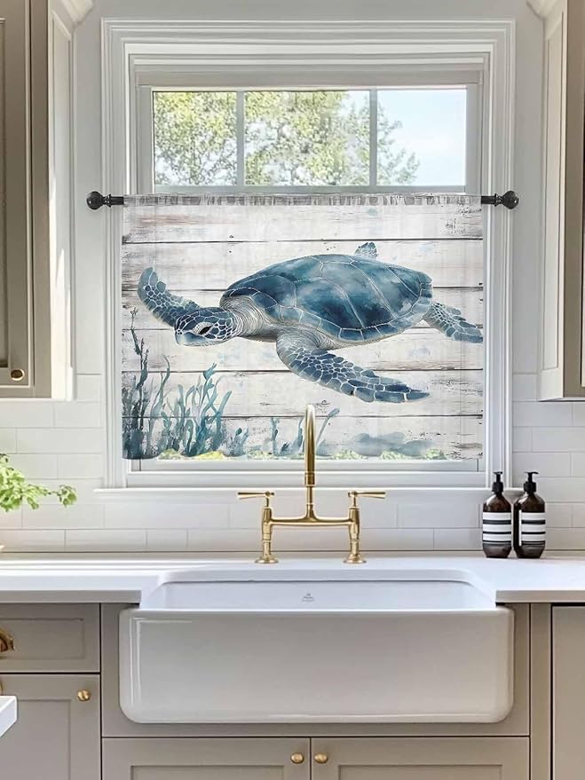 Sheer Curtains 54 Inch Length, Ocean Sea Turtle Semi Sheer Curtains Light Filtering Window Treatment, Coastal Seaweed Vintage Wood Grain Privacy Voile Drapes for Living Room Bedroom 52x54 Inch
