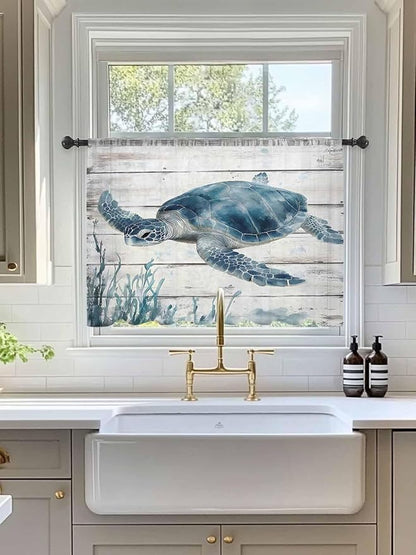 Sheer Curtains 54 Inch Length, Ocean Sea Turtle Semi Sheer Curtains Light Filtering Window Treatment, Coastal Seaweed Vintage Wood Grain Privacy Voile Drapes for Living Room Bedroom 52x54 Inch