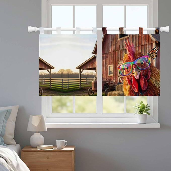 Farm Rooster Kitchen Curtains 36 Inch Length, Small Window Curtains Tab Top, Farmhouse Barn Funny Animals Butterfly Light Filtering Short Window Treatments Tier Drapes 27.5"x36" 2 Panel