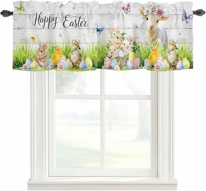 Easter Curtain Valances for Windows, Kitchen Valance Window Treatment, Spring Sheep Bunny Duck Plants Wooden Grain Light Filtering Block Curtains for Bathroom/Bedroom/Living Room 54'' x 18''
