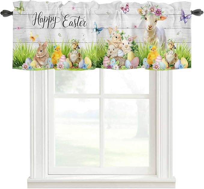 Easter Curtain Valances for Windows, Kitchen Valance Window Treatment, Spring Sheep Bunny Duck Plants Wooden Grain Light Filtering Block Curtains for Bathroom/Bedroom/Living Room 60'' x 18''