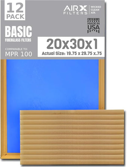 20x30x1 Air Filter Comparable to MPR 100 Basic Economy Furnace Filters, 12 Pack of Non Pleated Fiberglass Filter For Dust - Low Airflow Restriction! From AIRX FILTERS WICKED CLEAN AIR.