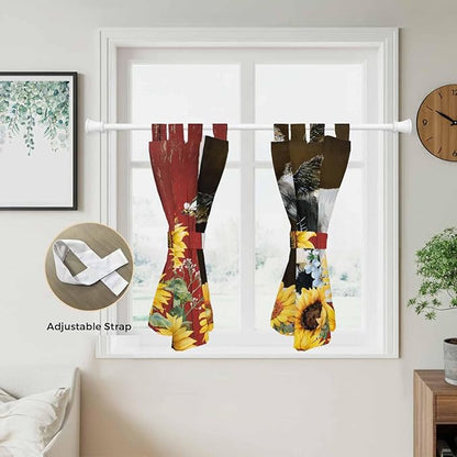 Cows Sunflowers Kitchen Curtains 45 Inch Length, Short Cafe Window Curtains Tab Top, Rustic Farms Barns Flowers Bees Animals Light Filtering Window Treatments Tier Drapes 27.5"x45" 2 Panel