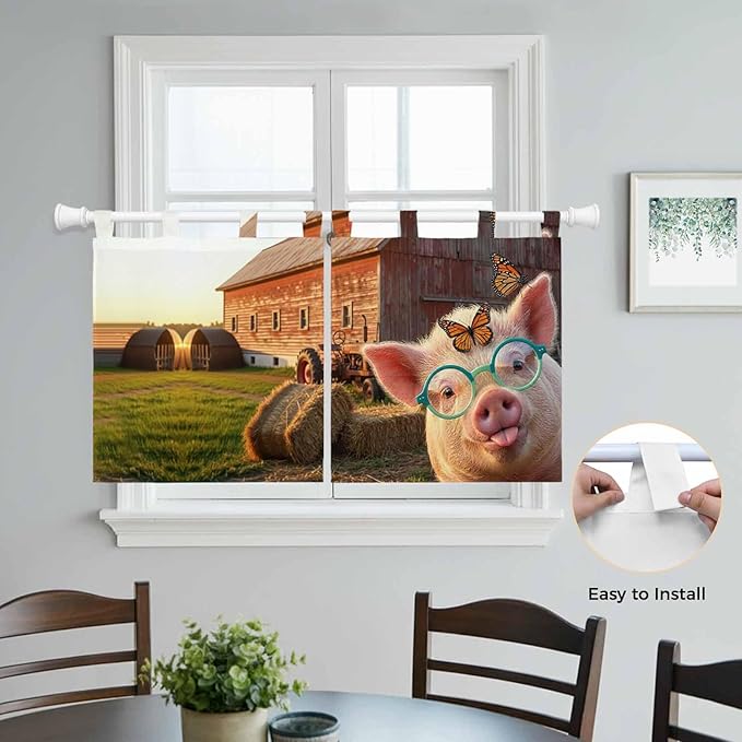Farm Pig Kitchen Curtains 24 Inch Length, Small Window Curtains Tab Top, Farmhouse Barn Funny Animals Butterfly Light Filtering Short Window Treatments Tier Drapes 27.5"x24" 2 Panel