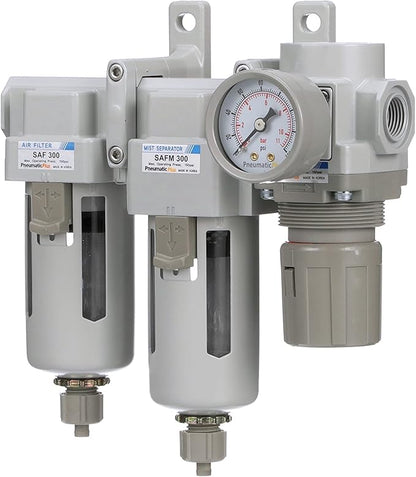 PneumaticPlus SAU330-N03G Three Stage Compressed Air Drying System - Particulate Air Filter, Coalescing Filter, Air Pressure Regulator Combo 3/8" NPT - Poly Bowl, Manual Drain, Gauge