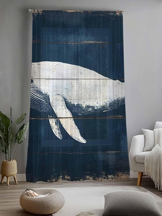 Sheer Curtains 108 Inches Long, Ocean Whale Blue Semi Sheer Curtains Light Filtering Window Treatment, Watercolor Coastal Vintage Wood Grain Privacy Voile Drapes for Living Room Bedroom 52x108 Inch
