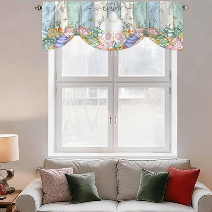 Easter Tie Up Valance Curtains for Windows, Kitchen Curtains Window Shades, Spring Rabbit Ears Foot Flowers Eggs Green Wooden Light Filtering Roman Curtain Valances for Bedroom/Bathroom/Cafe 60"x18"