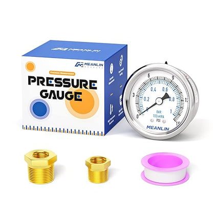 MEANLIN MEASURE 0~15Psi Dry Low Pressure Gauge Stainless Steel 1/8" NPT 2" FACE DIAL Waterproof for Water Oil Air Well Pump Tank Tire Pressure Test Back Mount, with 1/4" NPT and 3/8" NPT Hex Bushing