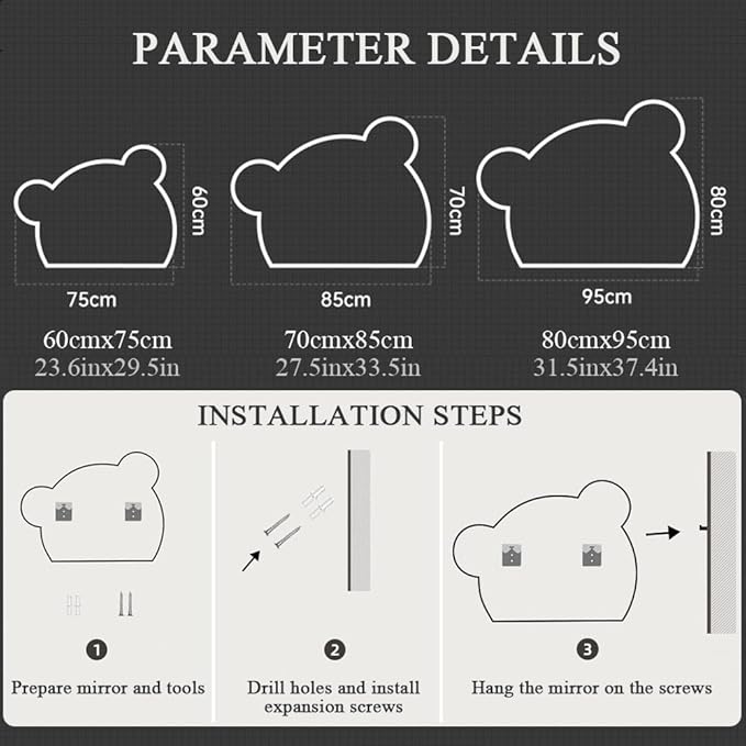 LTSRLL LED Vanity Mirror Cute Bear Decorative Mirror for Bathroom & Dressing Tabler Backlight Wall Mirror with 3 Color Dimmable Light Demister Pad Human Body Sensor Switch(Cut Left,80cmx95cm)