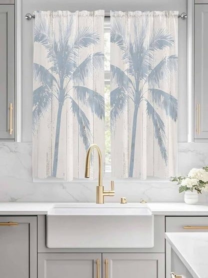 Summer Coconut Tree on Vintage Wood Grain Window Valance Curtains, Seaside Plants Light Filtering Kitchen Valance with 3-inch Rod Pocket for Living Room Bathroom Bedroom,2 Panel,42x63In