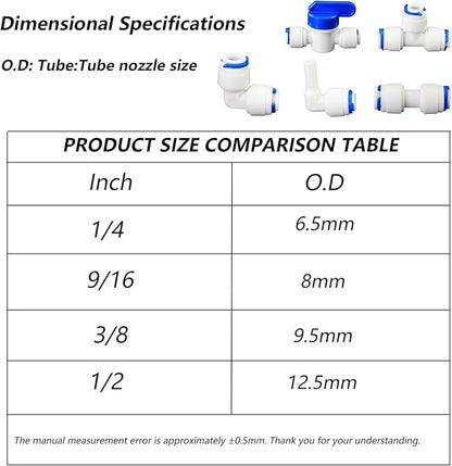 Water purifier globe valve, tee, elbow, straight through 1/4 "FPT pipe quick collection, quick push in plastic pipe joint, suitable for 5pcs of reverse osmosis filtration RODI water purifier system