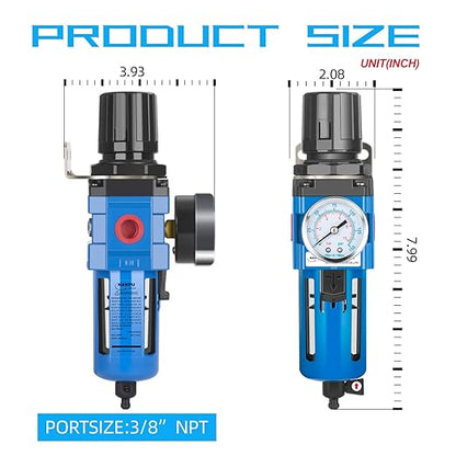 NANPU 3/8" NPT Compressed Air Filter Regulator Combo Piggyback, 5 Micron Brass Element, Poly Bowl, Manual Drain, Metal Bracket, 0-150 psi Gauge - AW3000-03M