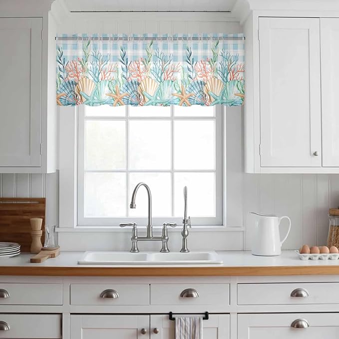 Summer Beach Sheer Valance Curtains, Ocean Colorful Coral Shell Seaweed Starfish Blue Plaid Light Filtering Kitchen Valances Rod Pocket Voile Curtain Treatment for Bedroom/Living Room/Basement 54Wx18L