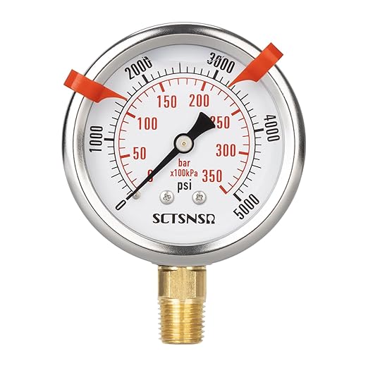 0 to 5000 Psi Hydraulic Pressure Gauge, Glycerin Liquid Filled, 2.5 inch Dial, 1/4" NPT Lower Mount, Stainless Steel Case, for Regulator, HVAC System, Beer Keg, Brew Setup，High Pressure Test