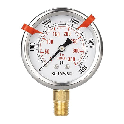 0 to 5000 Psi Hydraulic Pressure Gauge, Glycerin Liquid Filled, 2.5 inch Dial, 1/4" NPT Lower Mount, Stainless Steel Case, for Regulator, HVAC System, Beer Keg, Brew Setup，High Pressure Test