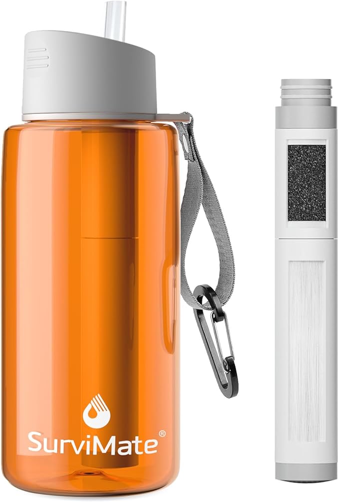 SurviMate 5-Stage 0.01μm Ultra-Filtration Filtered Water Bottle, BPA-Free Material, NSF/ANSI 42&372 Certified, Portable Water Filter Bottle for Survival, Camping, Hiking, and Emergency Use