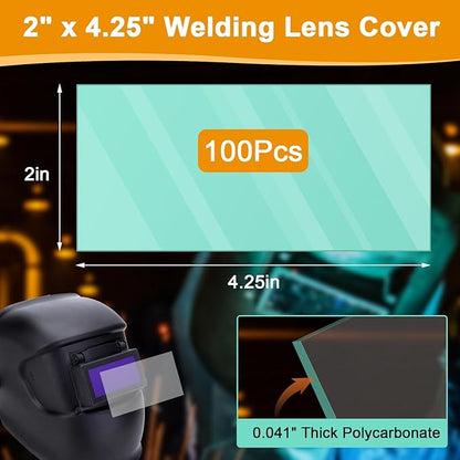 100PCS Welding Helmet Replacement Lens, 2"x4.25" Clear Anti-Scratch Polycarbonate Lens for Arc/MIG/TIG Welding, Fits Most Standard Welding Helmets