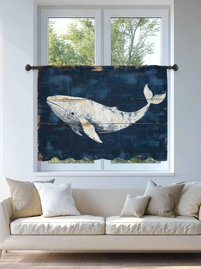 Sheer Curtains 45 Inch Length, Ocean Whale Blue Semi Sheer Curtains Light Filtering Window Treatment, Coastal Vintage Wooden Grain Privacy Voile Drapes for Living Room Bedroom 52x45 Inch