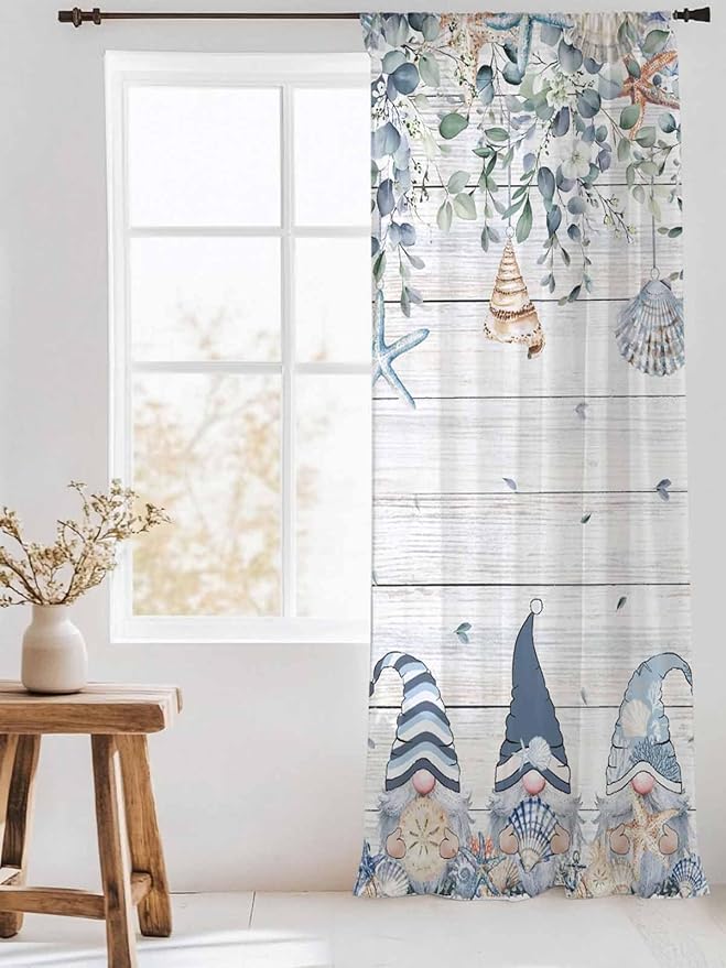 Sheer Curtains 84 Inches Long, Coastal Eucalyptus Leaf Semi Sheer Curtains Light Filtering Window Treatment, Ocean Blue Gnomes Starfish Wood Grain Privacy Voile Drapes for Living Room 52x84 Inch