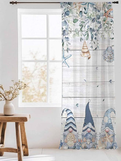 Sheer Curtains 84 Inches Long, Coastal Eucalyptus Leaf Semi Sheer Curtains Light Filtering Window Treatment, Ocean Blue Gnomes Starfish Wood Grain Privacy Voile Drapes for Living Room 52x84 Inch