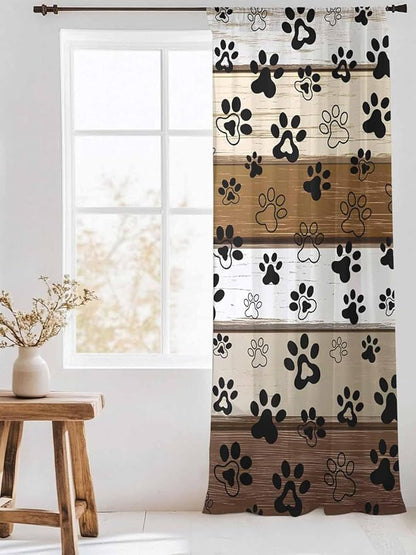 Sheer Curtains 96 Inches Long, Brown Beige Farmhouse Semi Sheer Curtains Light Filtering Window Treatment, Black Dog Paw Vintage Wooden Privacy Voile Drapes for Living Room Bedroom 52x96 Inch