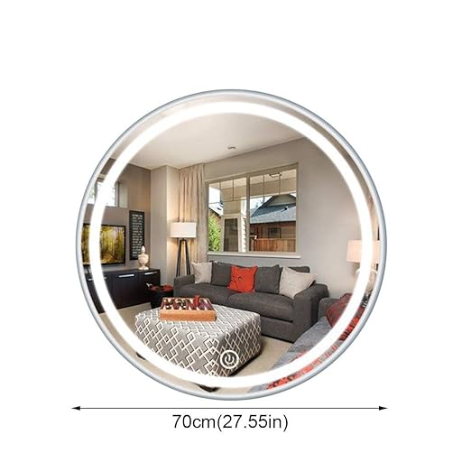 Bathroom Mirror Round Waterproof LED Bathroom Wall Makeup Mirrors with White Light Sensor Touch Control and Demister Pad (Color : with Frame Size : 70cm) (with Frame 70cm)