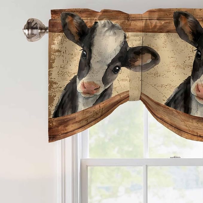 Farmhouse Cow Tie Up Valance Curtains for Windows, Kitchen Curtains Window Shades, Country Vintage Animals Wooden Grain Light Filtering Roman Curtain Valances for Bedroom/Bathroom/Cafe 54"x18"