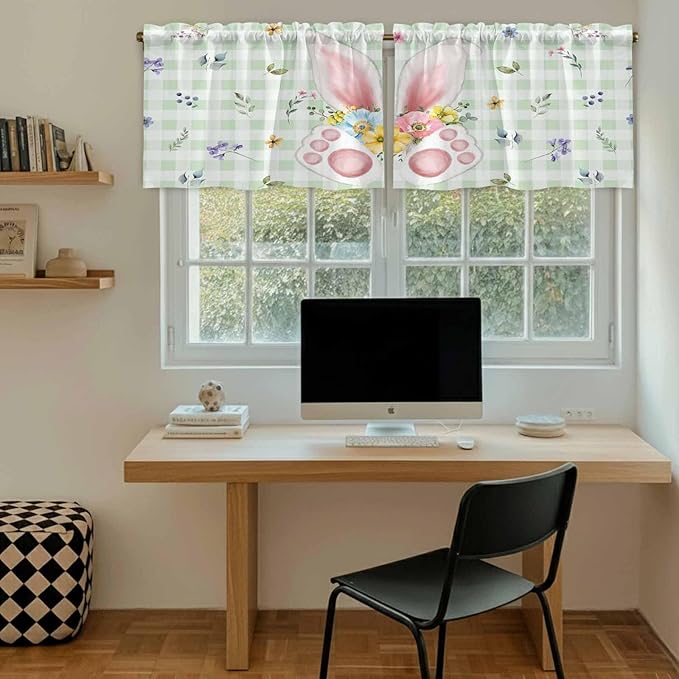 Easter Kitchen Tier Curtains 36 Inch Long 2 Panel Set,Rod Pocket Half Window Curtains Over Sink,Spring Bunny Ears Feet Flowers Green Plaid Light Filtering Short Drapes for Bathroom Cafe 27.5"W x 36"L