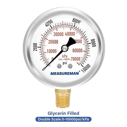 MEASUREMAN 2-1/2" Dial Size, Glycerin Filled Pressure Gauge, 0-10000psi/kpa, 304 Stainless Steel Case, 1/4" NPT Lower Mount