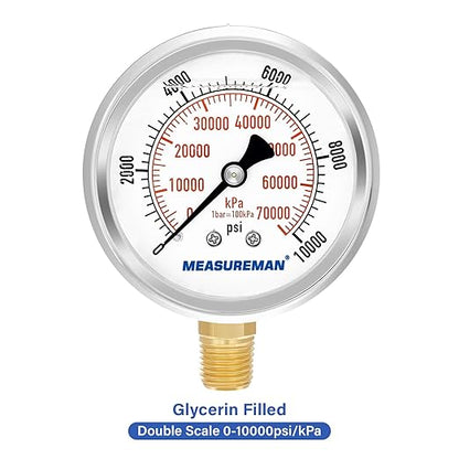 MEASUREMAN 2-1/2" Dial Size, Glycerin Filled Pressure Gauge, 0-10000psi/kpa, 304 Stainless Steel Case, 1/4" NPT Lower Mount