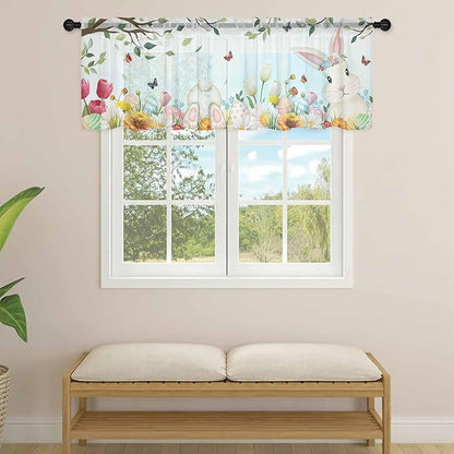 Easter Sheer Valances for Windows 54"x18", Light Filtering Kitchen Curtains Valance, Spring Watercolor Bunny Eggs Tulip Flower Plant Rod Pocket Chiffon Curtains for Living Room Bedroom Cafe