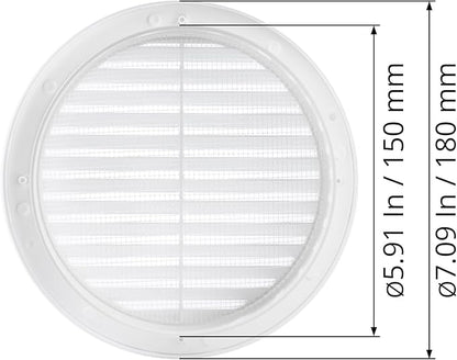 White 6" Inch Round Ventilation Grille with Insect mesh. (Duct 6Ø / Grille 7Ø) Ventilation Applications. Indoor and Outdoor Vent Cover. Available 3 Sizes / 4 Colors.