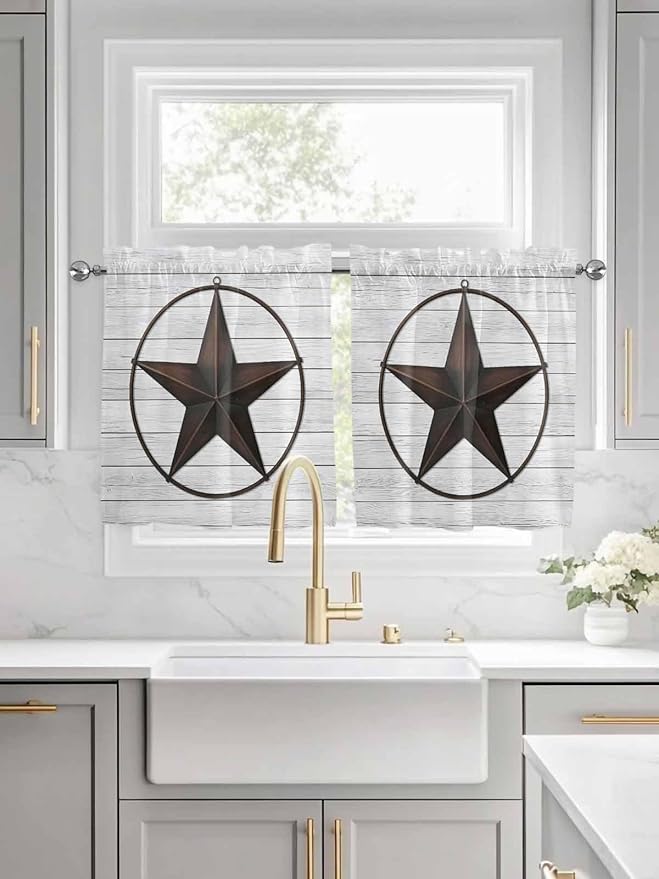 Vintage Farm Western Star Window Valance Curtains, White Wood Grain Light Filtering Kitchen Valance with 3-inch Rod Pocket for Living Room Bathroom Bedroom,2 Panel,27.5x24In