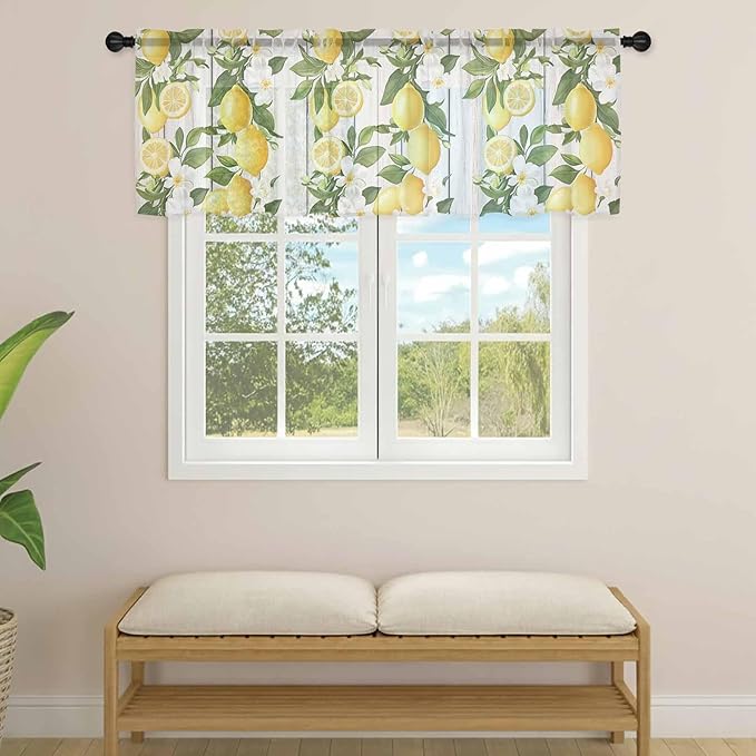 Spring Summer Lemon Sheer Valance Curtains, Leaf Flower White Wood Grain Light Filtering Kitchen Valances Rod Pocket Voile Curtain Window Treatment for Bedroom/Living Room/Basement 42Wx12L