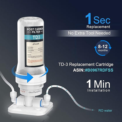 Frizzlife TD-3 Inline Water Filter, Fast Replacement Post Water Filter Removes Chlorine, VOCs & Odor, Adjust Taste, 1/4" and 3/8" Quick Connect