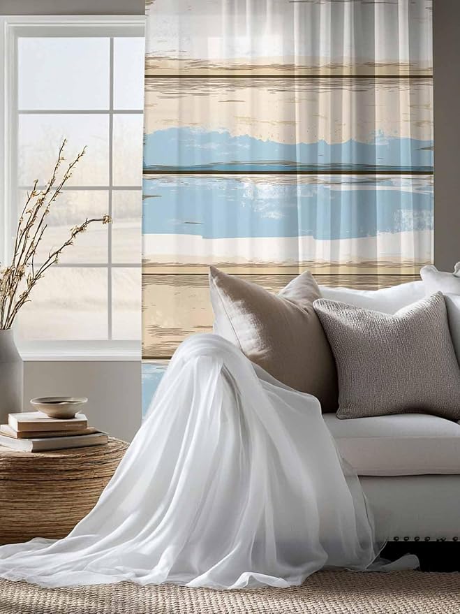 Sheer Curtains 63 Inch Length, Vintage Geometric Blue Semi Sheer Curtains Light Filtering Window Treatment, Abstract Country Shabby Wood Grain Privacy Voile Drapes for Living Room Bedroom 52x63 Inch