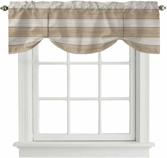 Brown Ombre Wooden Tie Up Valance Curtains for Windows, Kitchen Curtains Window Shades, Farmhouse Retro Khaki Wood Light Filtering Roman Curtain Valances for Bedroom/Bathroom/Cafe 42"x12"