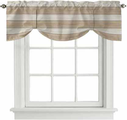 Brown Ombre Wooden Tie Up Valance Curtains for Windows, Kitchen Curtains Window Shades, Farmhouse Retro Khaki Wood Light Filtering Roman Curtain Valances for Bedroom/Bathroom/Cafe 42"x12"