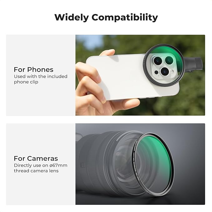 K&F CONCEPT 67mm Clip-on Black Diffusion 1/4 Phone Camera Lens Filter Kit, Mist Cinematic Effect Filter Compatible with iPhone 16 15 14 13 12 11, for Video/Vlog/Portrait Photography