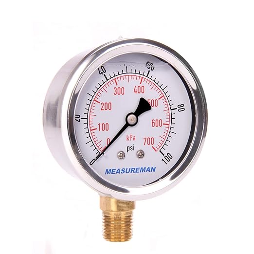 MEASUREMAN Pressure Gauge 1/4 NPT, 0-100psi/kPa Glycerin Filled Pressure Gauge with 2.5 Inch Dial Size and 304 Stainless Steel Case (0-100 psi, Lower Mount)