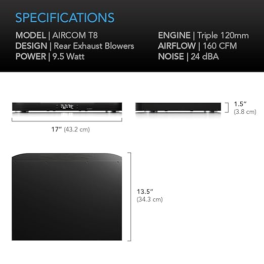 AC Infinity AIRCOM T8, Quiet Cooling Blower Fan System for Digital Video Recorder 17" Rear-Exhaust for Receivers, Amps, DVR, AV Cabinet Components