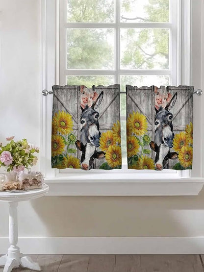 Farmhouse Half Window Curtain 36 Inches Long, Vintage Sunflowers Animals Printed Wood Grain Window Treatment Curtain Drapes, Small Tier Curtains for Bathroom Over Sink, 27.5"x36", 2 Panels