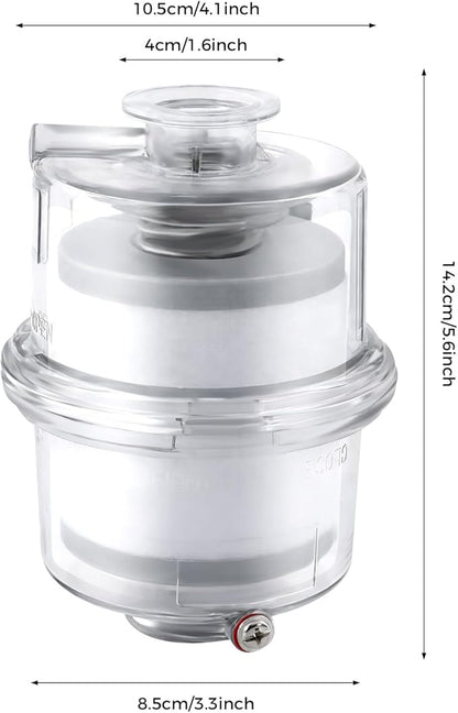 Oil Mist Filter, KF25 Vacuum Pump Exhaust Filter, 95% Efficiency Oil Mist Separator, Clear PC Body, Glass Fiber Element, 1.6" Port, 15.75" Drain Pipe, for CNC, Lab, Industrial, Compact 4.1"×5.6"